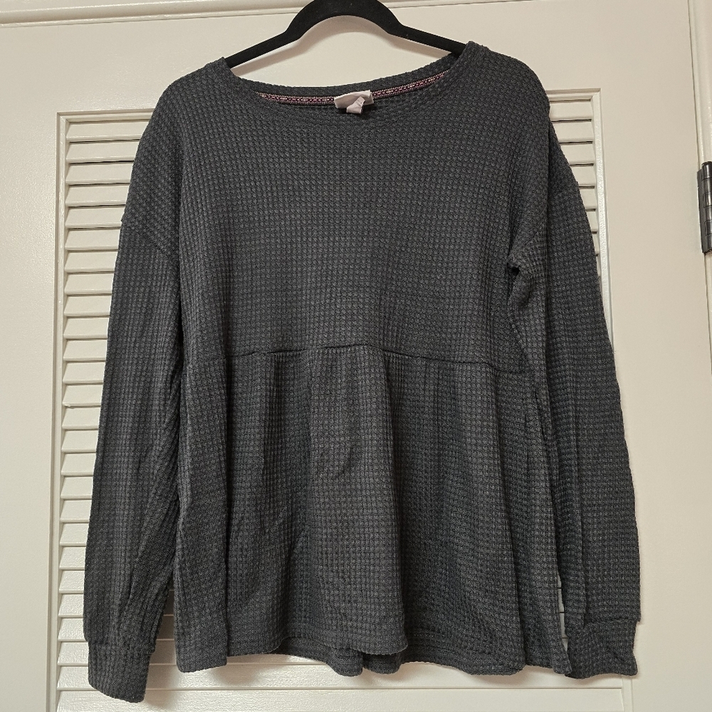 Knox Rose - Grey Waffle-Knit Material Long-Sleeve Top